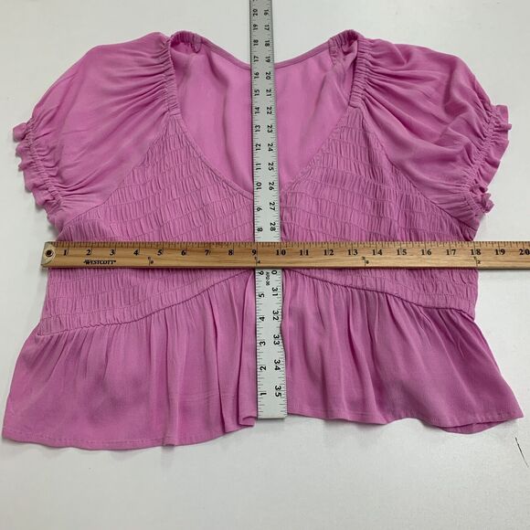 BP Babydoll Shirred Crop Top Womens L Purple Tulip Ruched Puff Sleeve Peplum - Picture 8 of 14